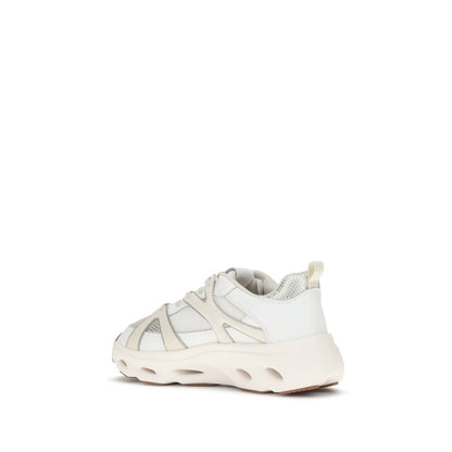 Side view of PINKO White Calf Leather Bos Taurus Chunky Sneakers with mesh inserts and Love Birds logo, showcasing bold design.