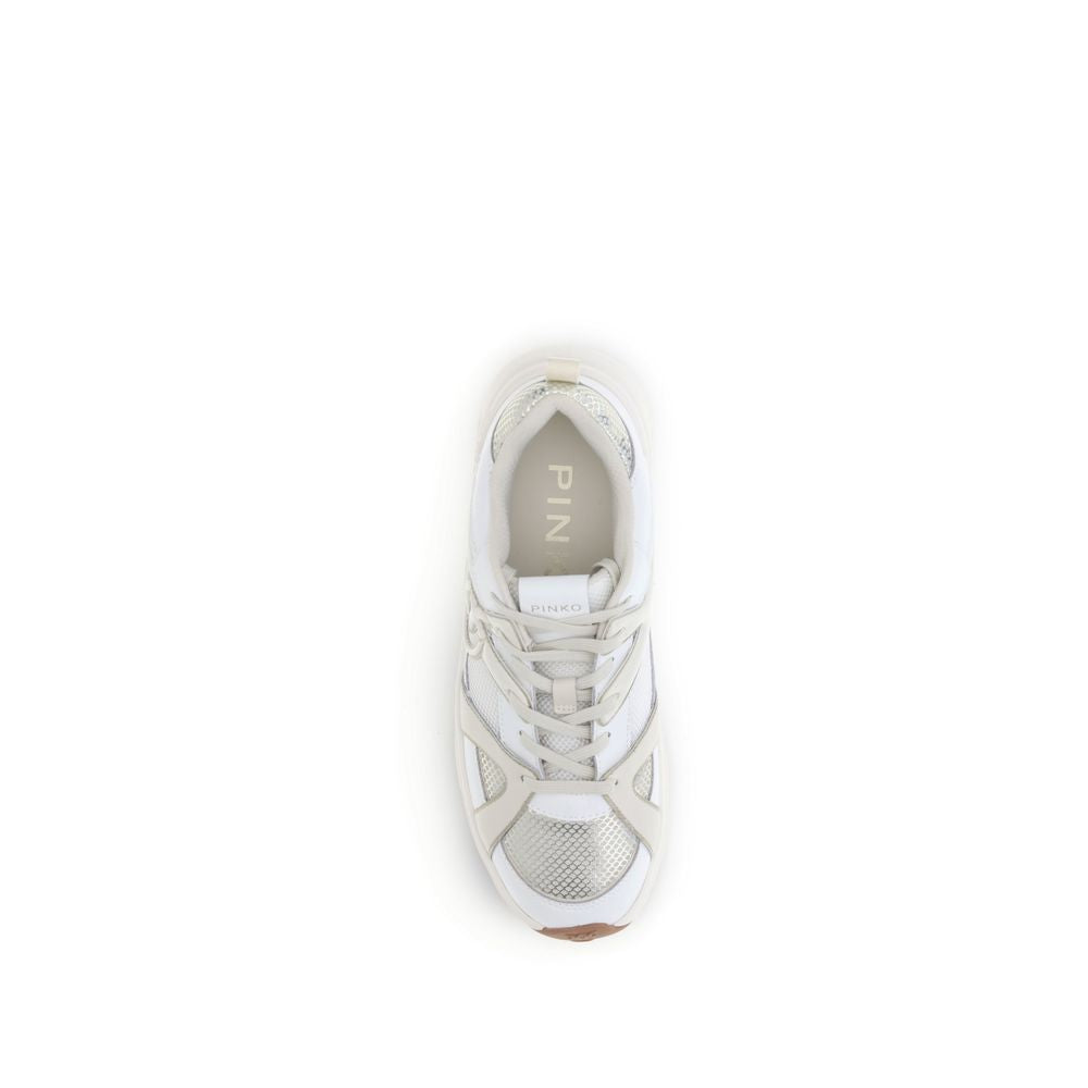 Top view of PINKO White Calf Leather Bos Taurus Chunky Sneakers with mesh inserts and bold design.