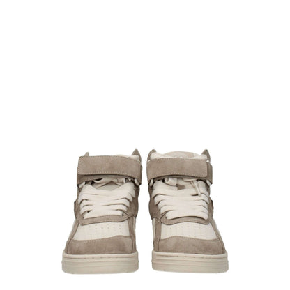 Palm Angels Beige Leather High Top Sneakers with suede finish and strap closure, featuring logos on front, side, and back.