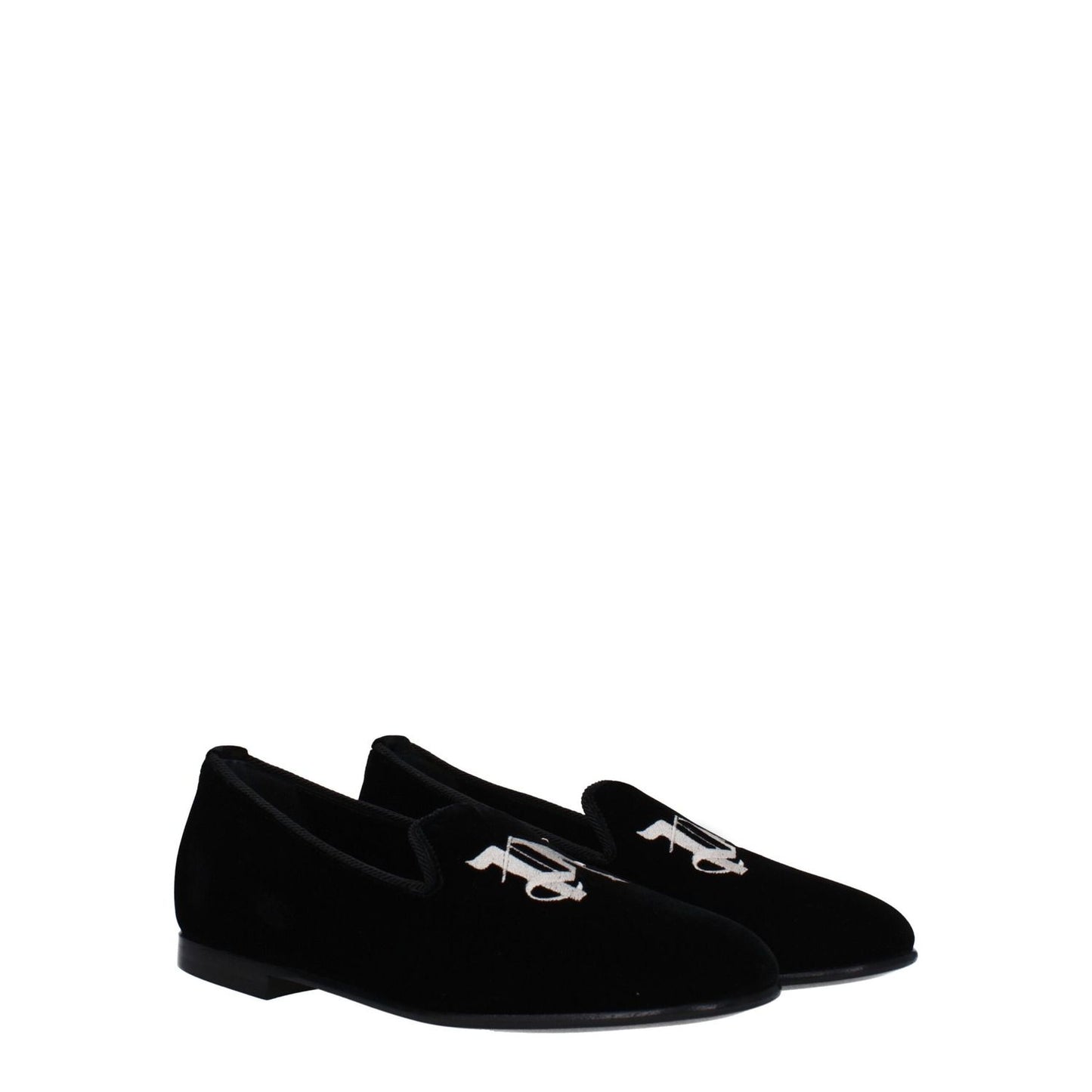 Palm Angels Black Velvet Slip-On Loafers with front logo, round toe, low flat heel, leather sole.