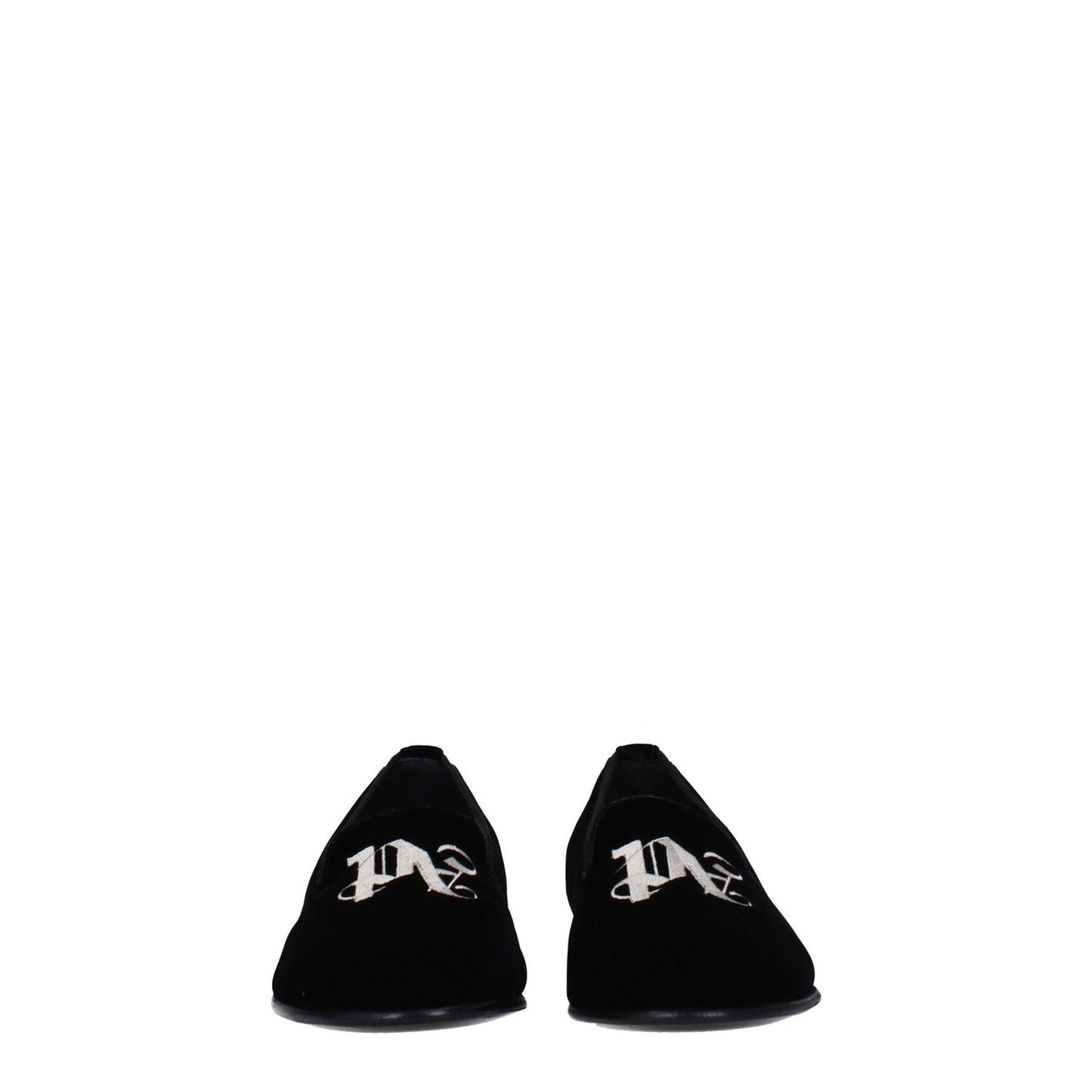 Palm Angels Black Velvet Slip-On Loafers with front logo and leather sole, featuring a round toe and flat heel design.
