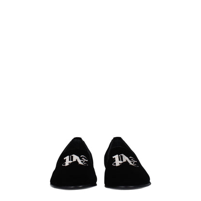 Palm Angels Black Velvet Slip-On Loafers with front logo and leather sole, featuring a round toe and flat heel design.