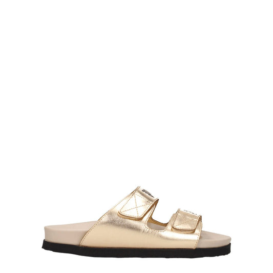 Palm Angels Gold Leather Slippers with metallic effect and strap closure, featuring an open toe and low flat heel.