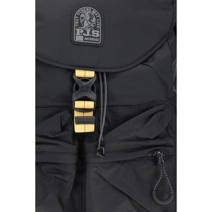 Close-up of Parajumpers Black Nylon Backpack with buckle and pocket details