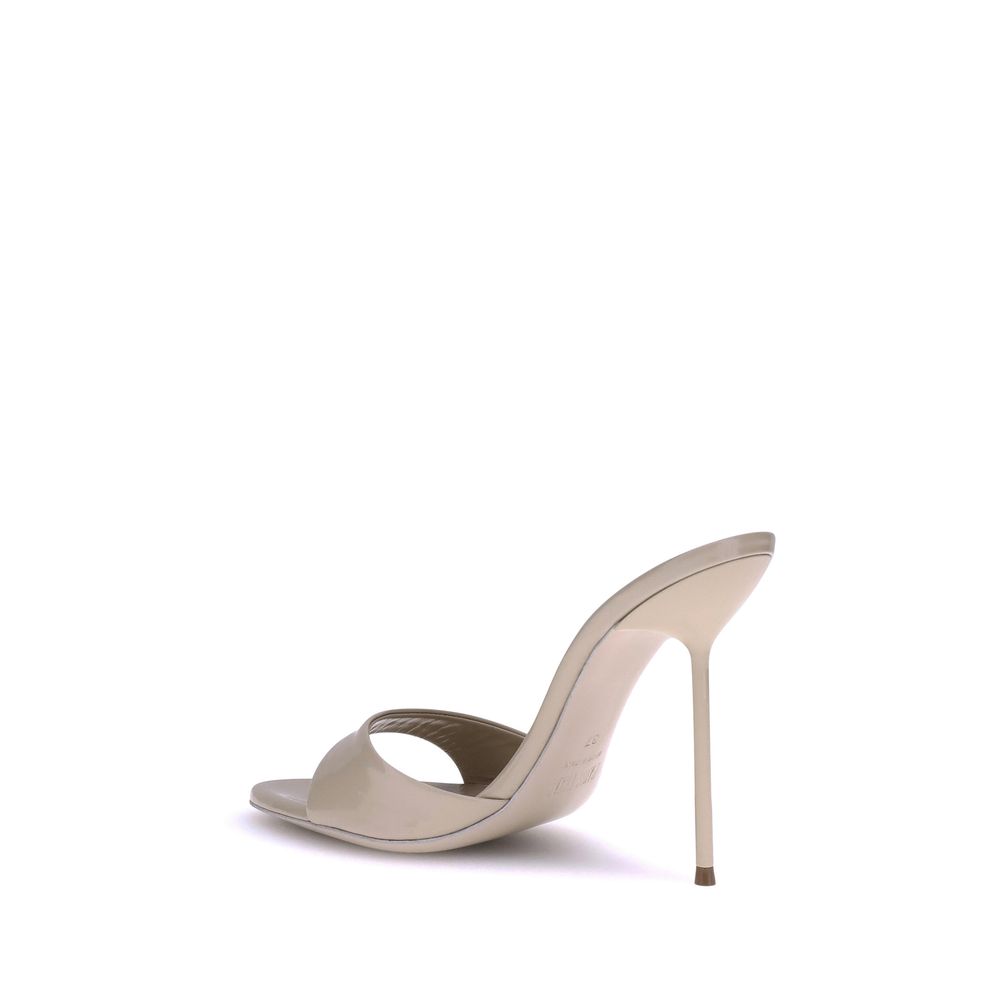 Paris Texas Beige Calf Leather Bos Taurus Stiletto Heel Sandals with open toe and distinctive logo insole on a sleek stiletto design.