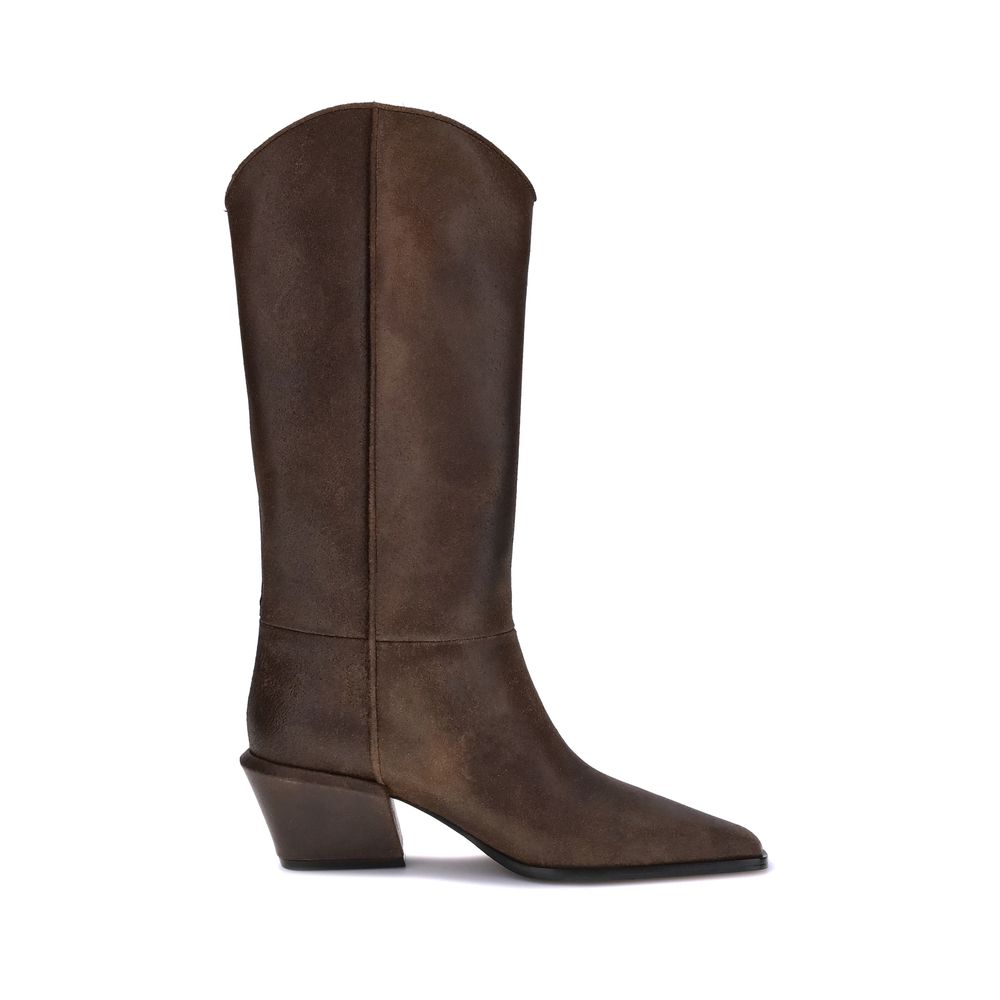 Paris Texas Brown Leather Boots, side view showing tapered silhouette and chunky heel for urban AW25 fashion.