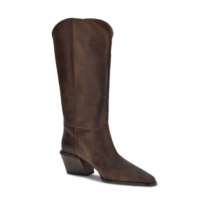Paris Texas Brown Leather Boots featuring glossy leather, tapered silhouette, and chunky heel for bold, urban style.