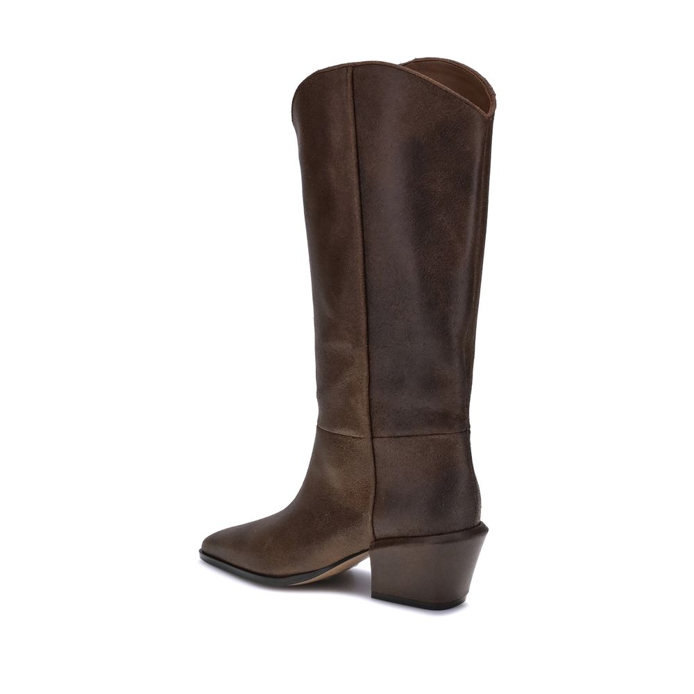 Paris Texas Brown Leather Boots with chunky heel and tapered silhouette, elegant and versatile for AW25 fashion.