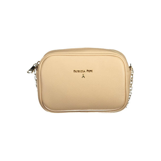 Patrizia Pepe Beige Leather Handbag with adjustable shoulder strap, internal pocket, zip closure, and logo design.