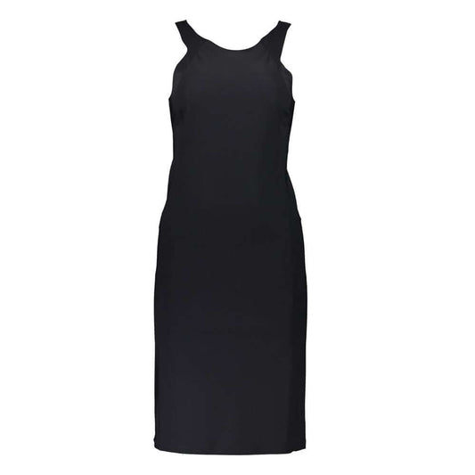 Patrizia Pepe Black Elastane Dress with wide hat straps and crew neck, featuring logo detailing. Elegant and versatile fashion choice.