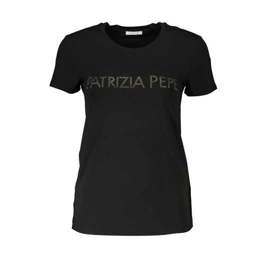 Patrizia Pepe Black Organic Cotton Women T-Shirt with rhinestone logo, short sleeves, and crew neck design.