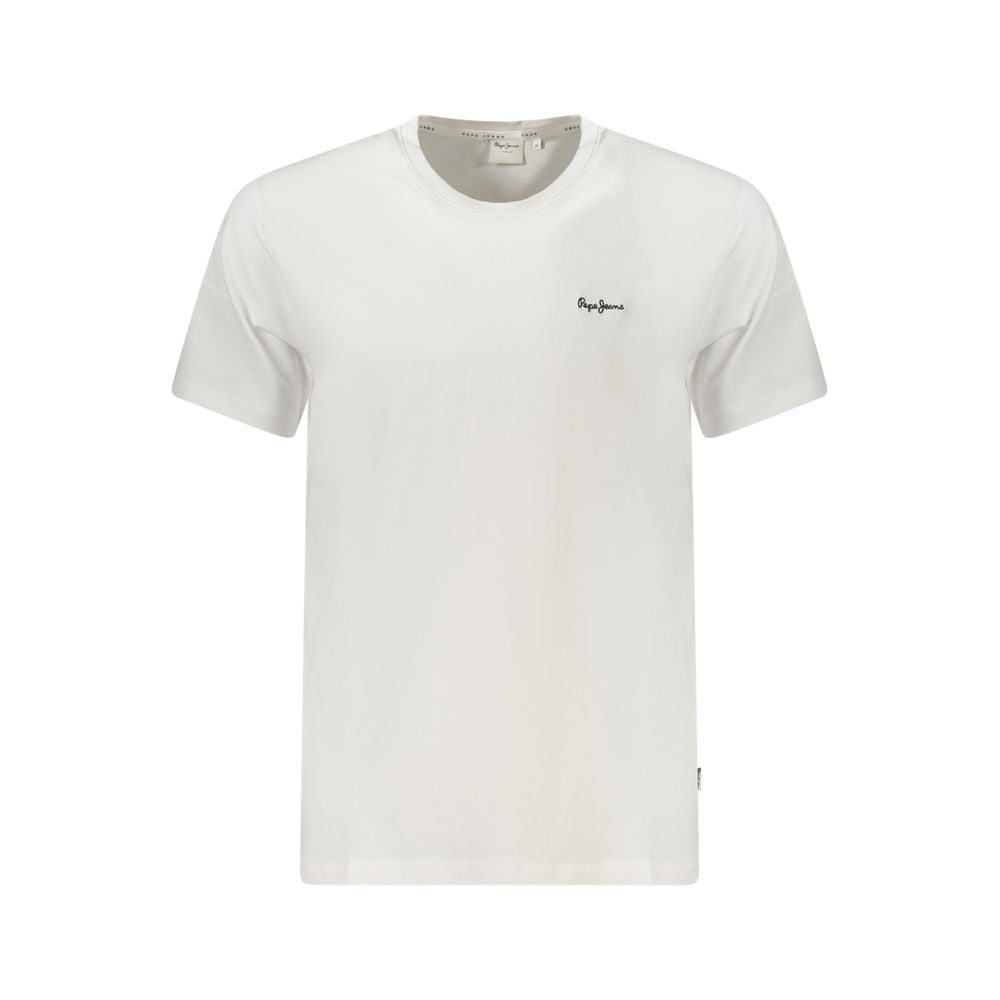 Pepe Jeans White Cotton Men T-Shirt, crew-neck style with logo embroidery, made from sustainable cotton for comfort and fashion.
