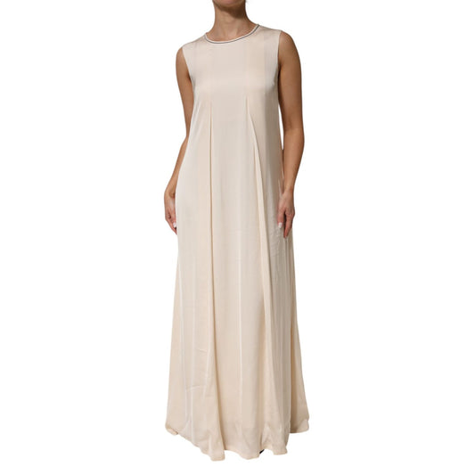 Peserico Beige Viscose Pleated Sleeveless Long Maxi Dress, made in Italy, elegant design, flawless tailoring, perfect for any occasion.