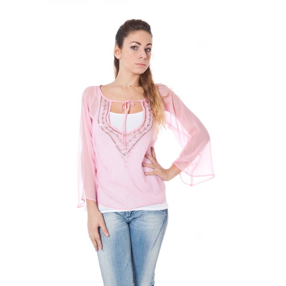Model wearing Phard Pink Silk Women Top with sequins, long sleeves, and V-neck design, showcasing Italian craftsmanship and elegance.
