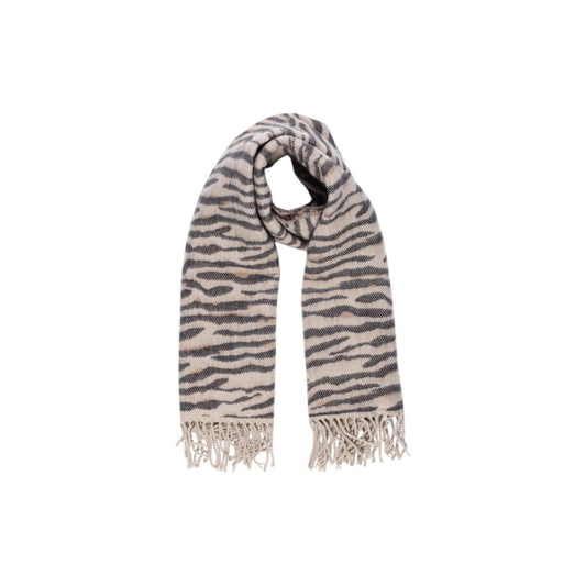 Pieces Beige Marabou Scarf with zebra pattern and fringes, made from 50% acrylic and 50% recycled polyester for a sustainable fashion choice.