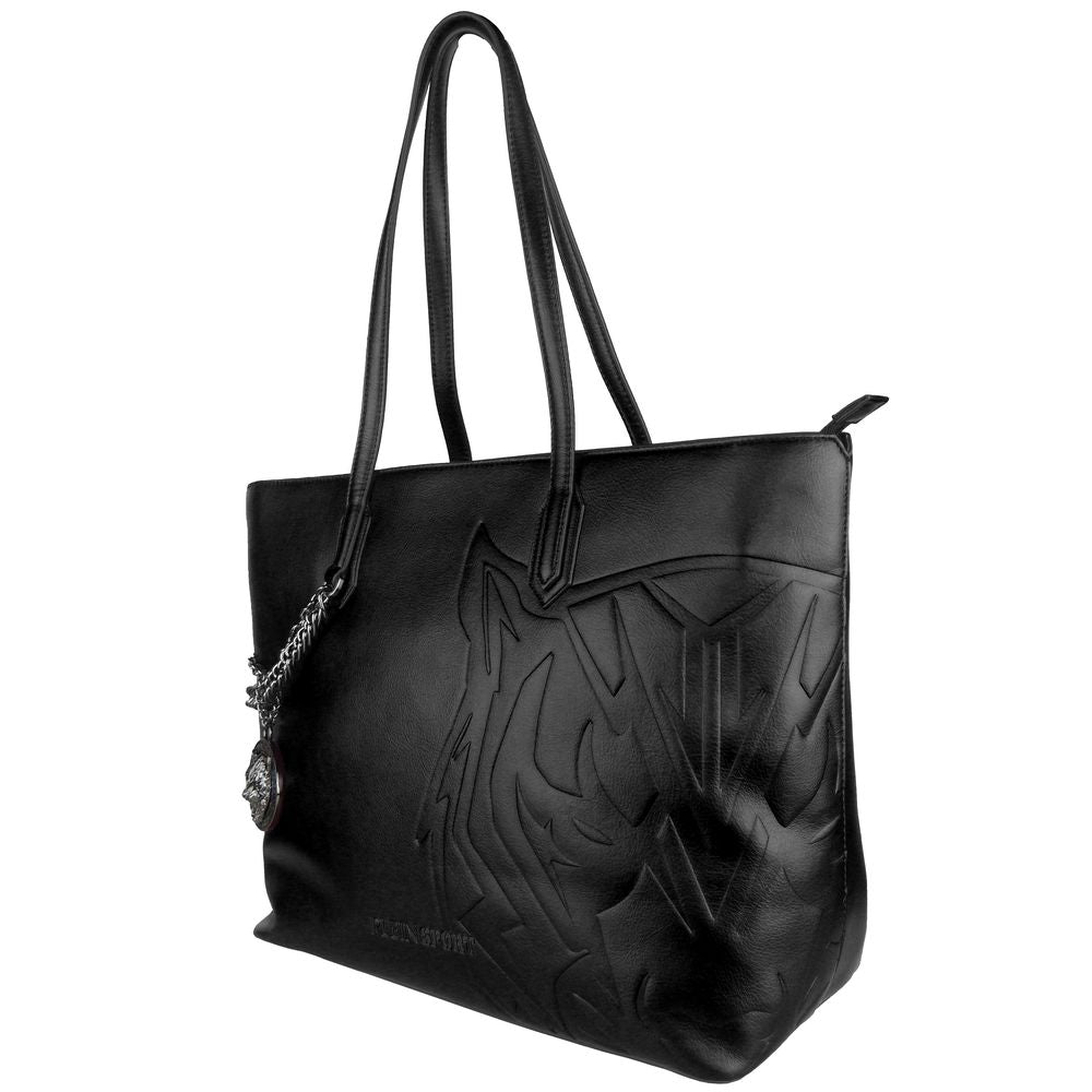 Plein Sport Black Polyethylene Women Shoulder Bag with decorative chain and medallion, featuring sleek design and removable strap.