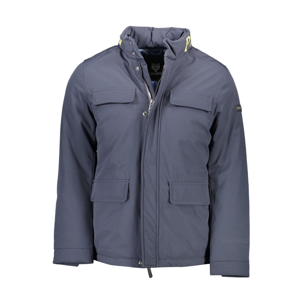 Plein Sport Blue Polyester Men's Jacket with concealed hood and pockets, showcasing a modern, functional design ideal for changing weather.