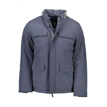 Plein Sport Blue Polyester Men's Jacket with concealed hood and pockets, showcasing a modern, functional design ideal for changing weather.