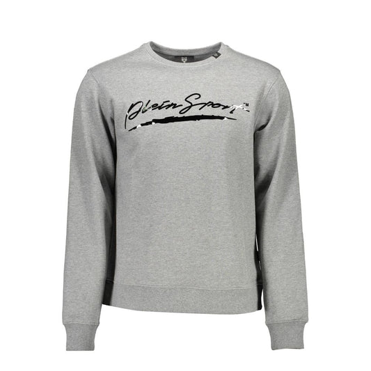 Plein Sport Gray Cotton Men Sweater with logo print, luxury athletic long sleeve sweatshirt for fashion-forward comfort and style.