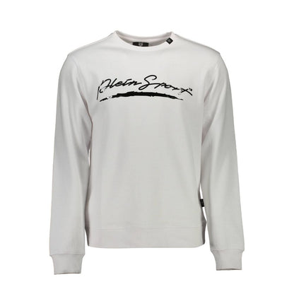 Plein Sport White Cotton Men Sweater featuring iconic logo and bold prints, crafted for comfort and style. Perfect for trendsetters.