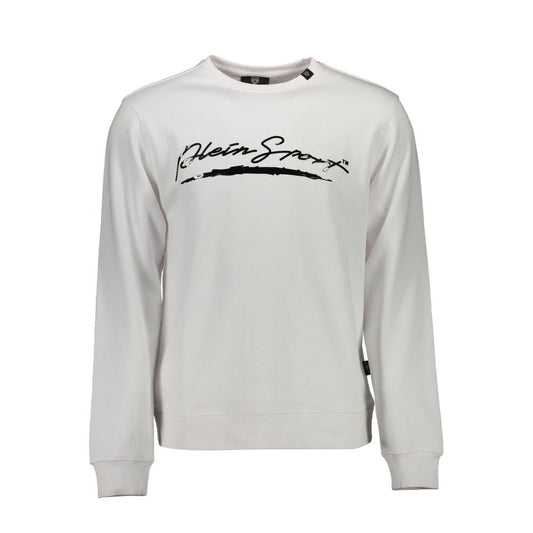 Plein Sport White Cotton Men Sweater featuring iconic logo and bold prints, crafted for comfort and style. Perfect for trendsetters.