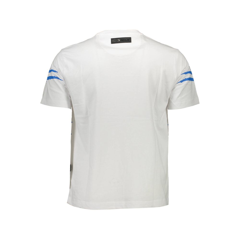 Plein Sport White Cotton Men T-Shirt with bold logo and contrasting details, perfect for adding athletic style to any wardrobe.