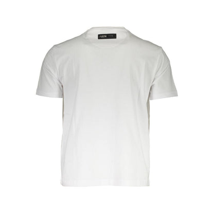 Front view of Plein Sport White Cotton Mens TShirt with bold print and logo, short sleeve design.