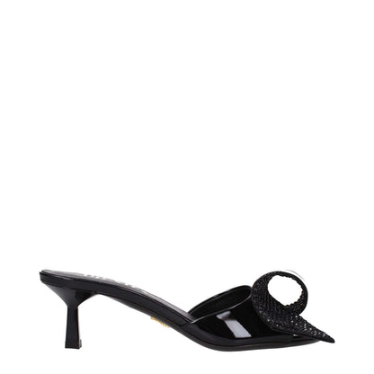 Prada Black Leather Sandals with open toe and mid heels, featuring a unique front detail, crafted from patent leather for a casual style.