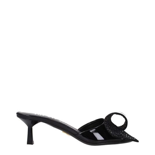 Prada Black Leather Sandals with open toe, front detail, mid heel design, 5.5 cm heel height, showcasing casual style in black patent leather.
