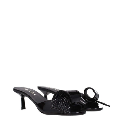 Prada Black Leather Sandals with mid heels and open toe, featuring front detail, patent leather style. MPN 1XX6913LOC055F0002.