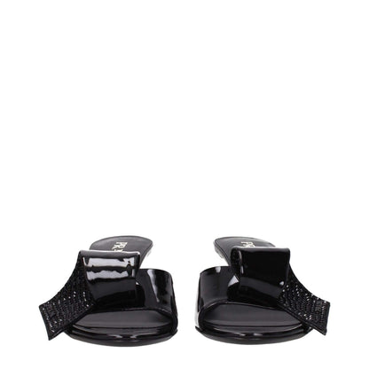 Prada Black Leather Sandals with open toe and mid heels, patent leather finish, featuring front detail, casual style - casual elegance