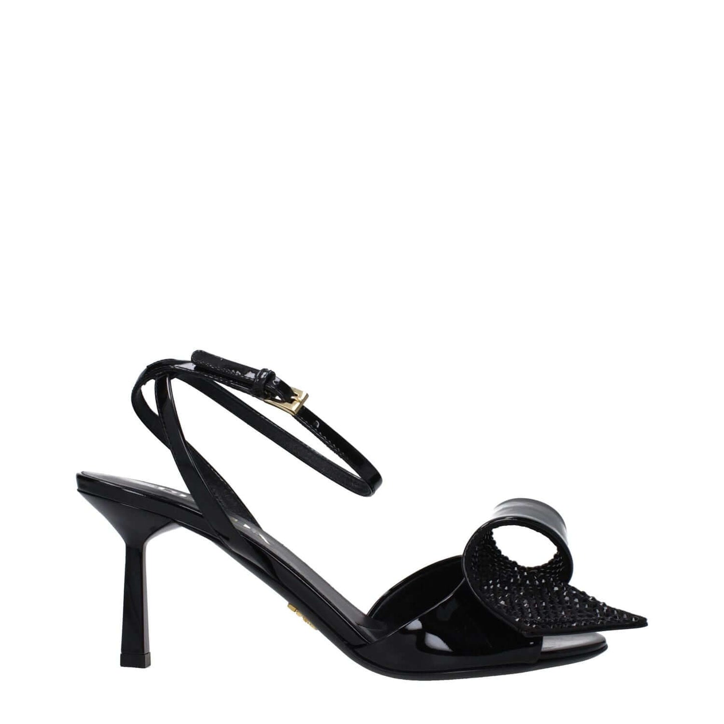 Prada Black Leather Stiletto Heel Sandals with buckle closure and side detail, open toe, and mid heel height of 7.5 cm.