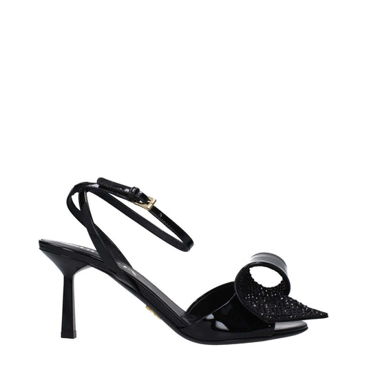 Prada Black Leather Stiletto Heel Sandals with buckle closure, open toe, and leather sole in side view.