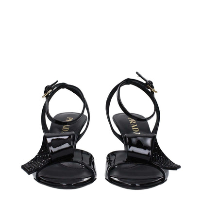 Prada Black Leather Stiletto Heel Sandals with buckle closure and open toe, featuring patent leather and mid heels, style MPN 1X347N3LOCF075F0002.