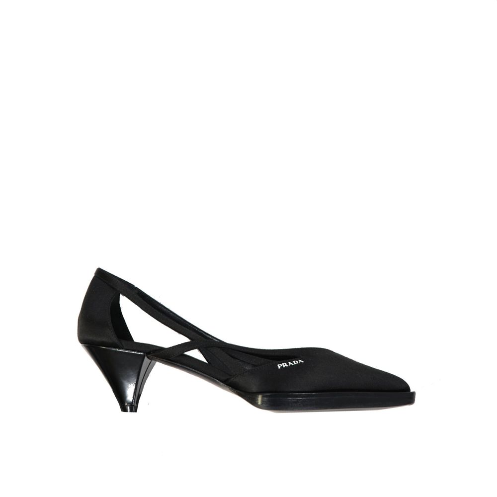 Prada Black Silk Mid Heel Pumps with pointed toe, cut-out detail, and branded insole for women, made in Italy.