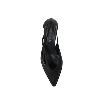 Top view of Prada Black Silk Mid Heel Pumps with pointed toe and branded insole