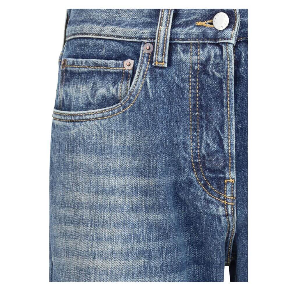 Close-up of Prada Blue Cotton Straight-Leg Jeans with front pocket detail and distinctive stitching highlights.