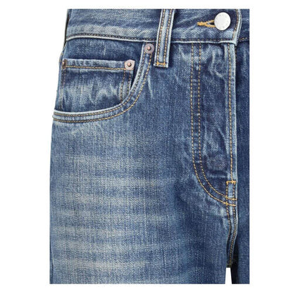 Close-up of Prada Blue Cotton Straight-Leg Jeans with front pocket detail and distinctive stitching highlights.