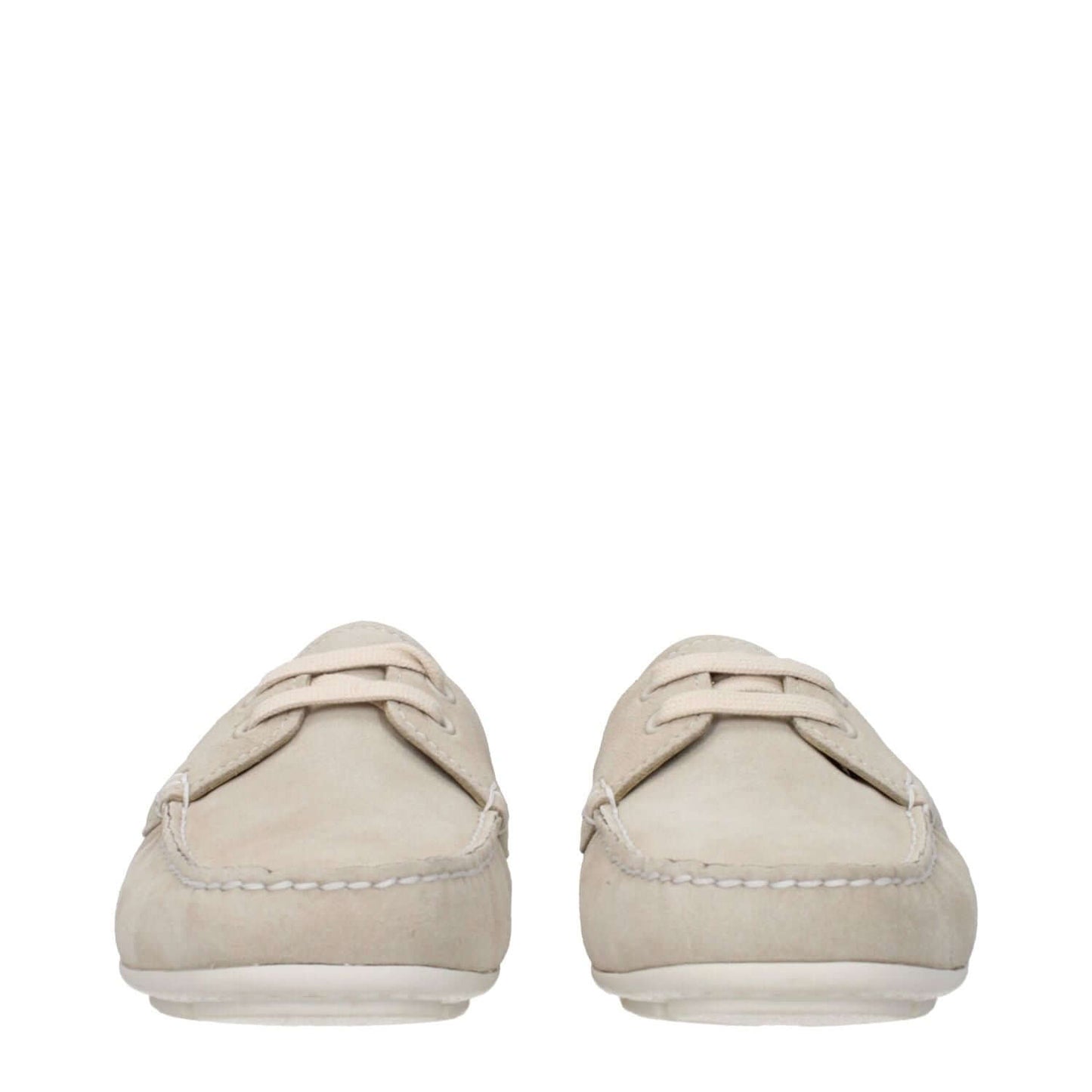 Prada Gray Leather Slip-On Loafers with rubber sole and round toe, featuring side logo in pumice color.