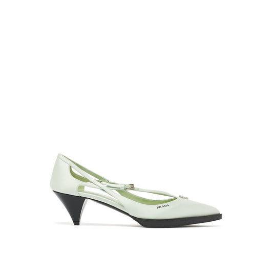 Prada Green Silk Mid Heel Pumps with pointed toe and metal buckle closure, jeweled ornament, and leather sole