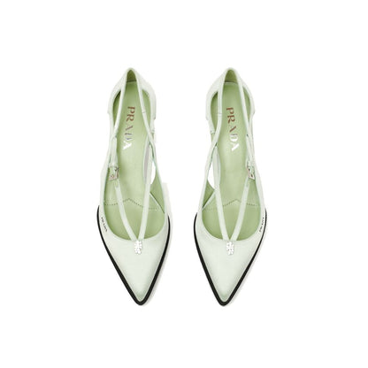 Prada Green Silk Mid Heel Pumps with jewel ornament and metal buckle closure, top view.
