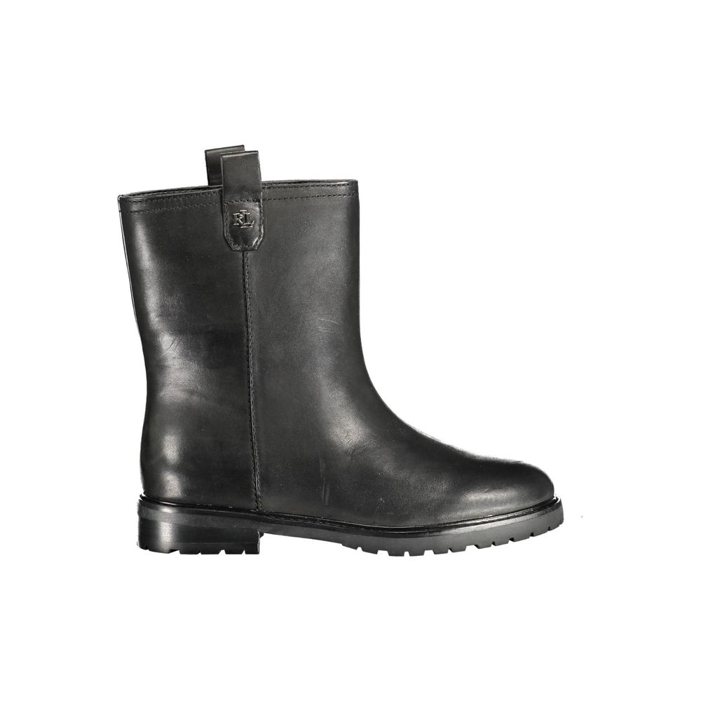 Ralph Lauren Black Leather Women Boot with elegant design and iconic logo, crafted from premium leather and polyester for versatile style.