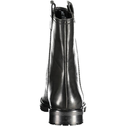 Back view of Ralph Lauren Black Leather Women Boot showcasing sleek design and luxury logo.