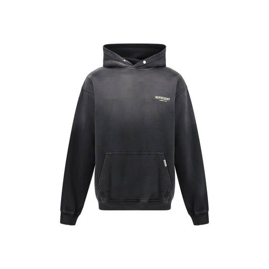 Represent Black Cotton Sweatshirt with adjustable hood and front kangaroo pocket, featuring iconic monogram print on black fabric.