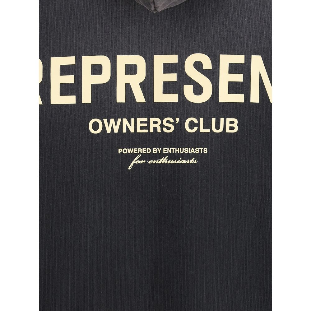 Close-up of Represent Black Cotton Sweatshirt with Owners' Club print on front.