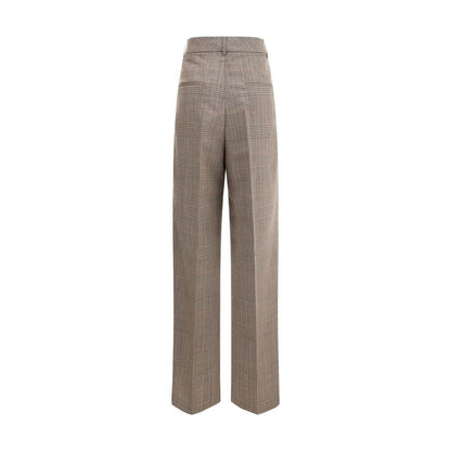 Back view of Rohe Beige Fleece Wool Casual Pants with wide leg and classic Prince of Wales fabric, showcasing welt pockets and belt loops.