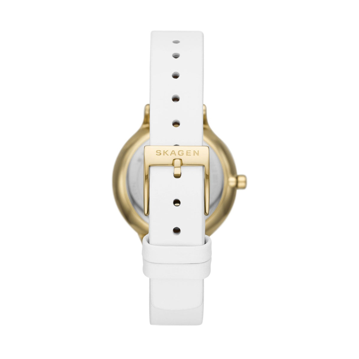 Back view of SKAGEN Mod. ANITA LILLE watch with white leather strap and gold case