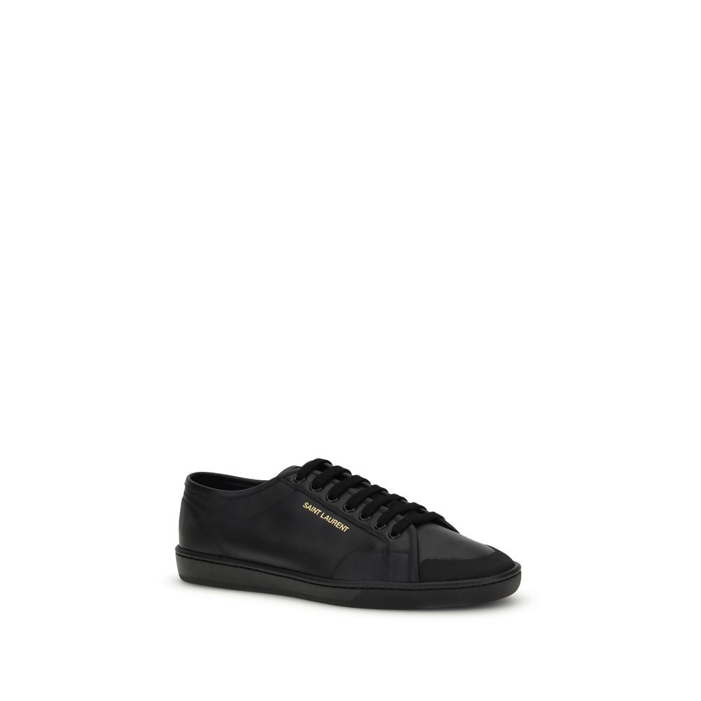 Saint Laurent Black Calf Leather Bos Taurus Low Top Sneakers with lace-up design and gold signature on side view