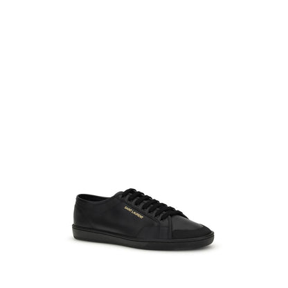 Saint Laurent Black Calf Leather Bos Taurus Low Top Sneakers with lace-up design and gold signature on side view