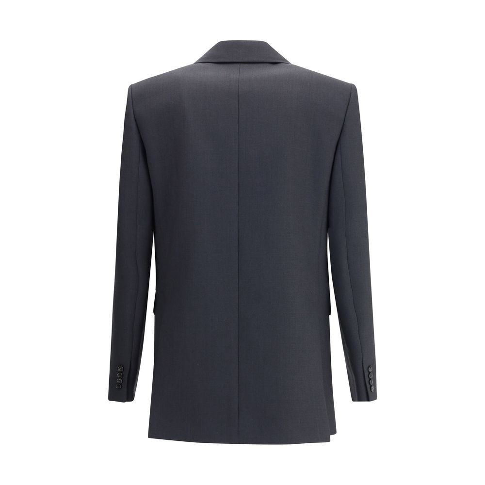 Back view of Saint Laurent Black Wool Clothing double-breasted blazer with peaked lapels and six-button closure.